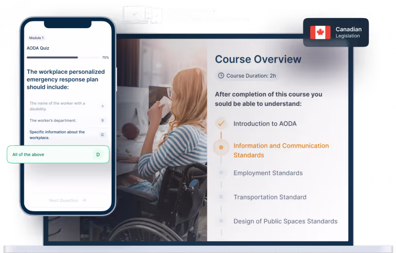 Laptop and phone mockups of AODA and Human Rights Code Online Training, icons for device availability, and Canadian legislation badge