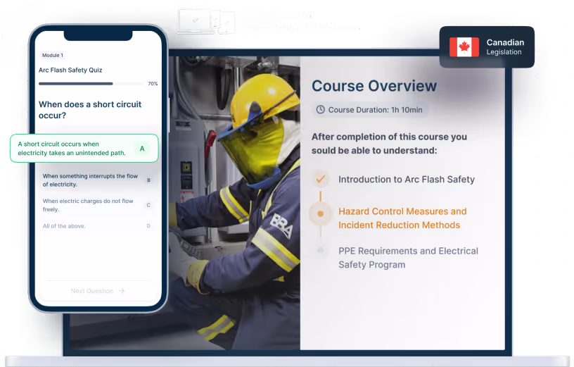 Laptop and phone mockups of Arc Flash Safety Online Training, icons for device availability, and Canadian legislation badge