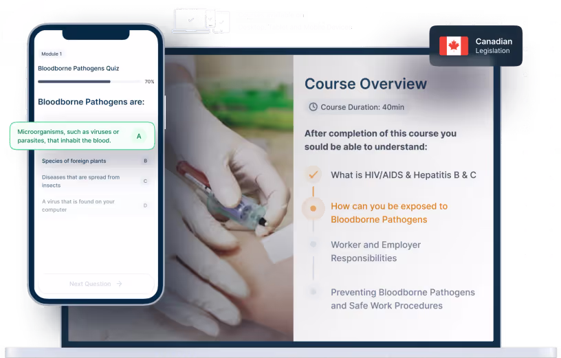 Laptop and phone mockups of Bloodborne Pathogens Online Training, icons for device availability, and Canadian legislation badge