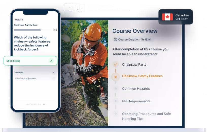 Laptop and phone mockups of Chainsaw Safety Online Training, icons for device availability, and Canadian legislation badge