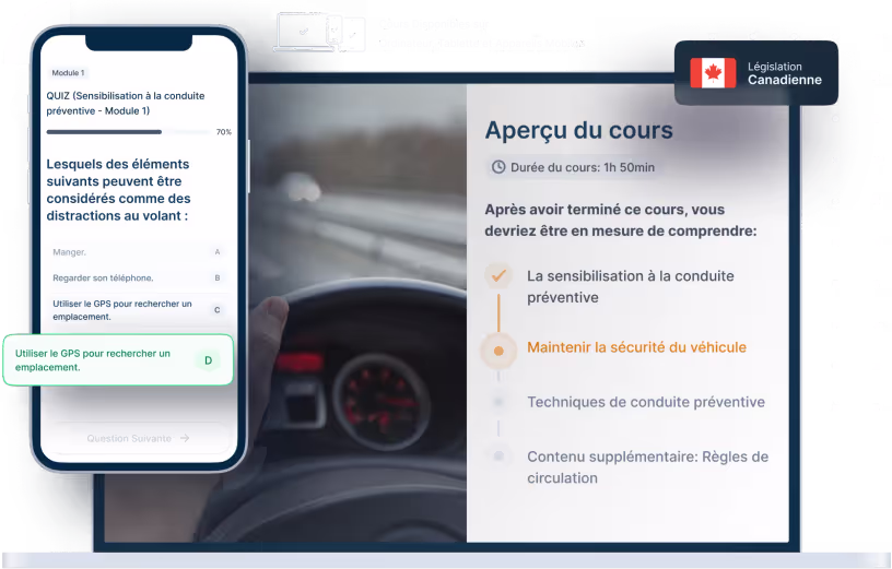 Maquettes d’ordinateurs portables et de téléphones de la formation en ligne Conduite préventive, des icônes pour la disponibilité des appareils et un insigne de la législation canadienne