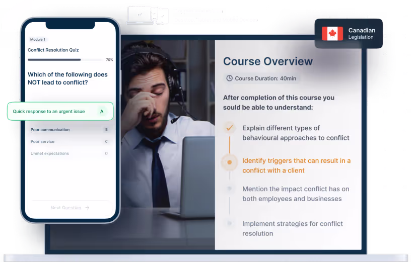 Laptop and phone mockups of Conflict Resolution Online Training, icons for device availability, and Canadian legislation badge