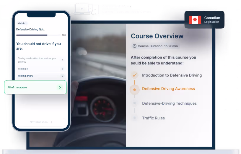 Laptop and phone mockups of Defensive Driving Online Training, icons for device availability, and Canadian legislation badge