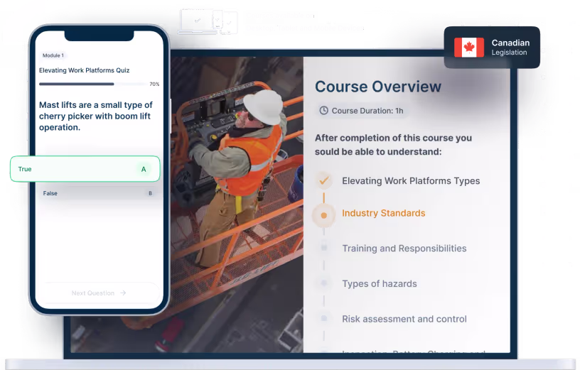 Laptop and phone mockups of Elevating Work Platform Online Training, icons for device availability, and Canadian legislation badge