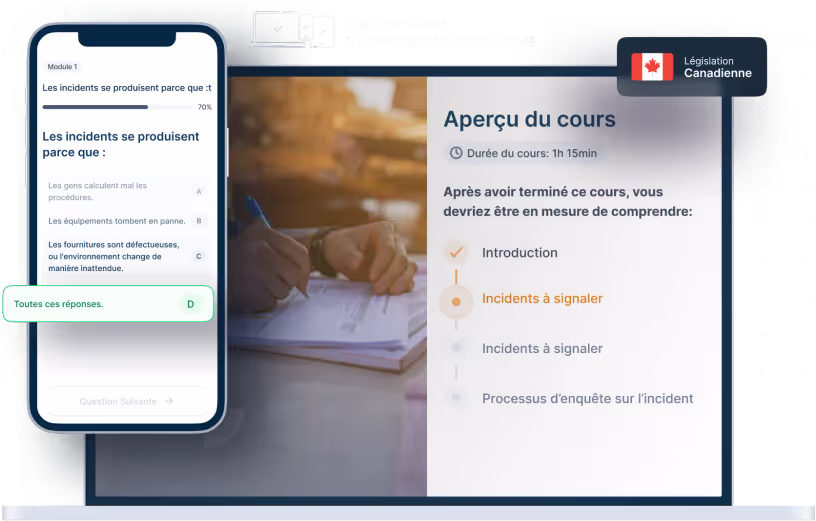 Maquettes d’ordinateurs portables et de téléphones de la formation en ligne Enquêtes sur les incidents et les accidents, des icônes pour la disponibilité des appareils et un insigne de la législation canadienne