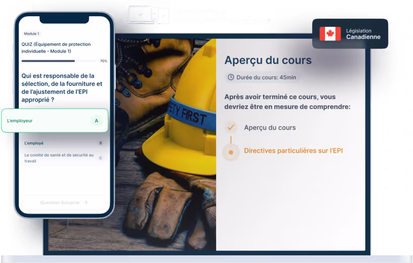 Maquettes d’ordinateurs portables et de téléphones de la formation en ligne EPI, des icônes pour la disponibilité des appareils et un insigne de la législation canadienne