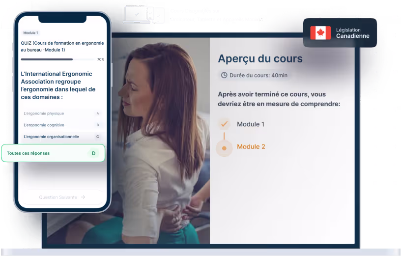 Maquettes d’ordinateurs portables et de téléphones de la formation en ligne Ergonomie au bureau, des icônes pour la disponibilité des appareils et un insigne de la législation canadienne