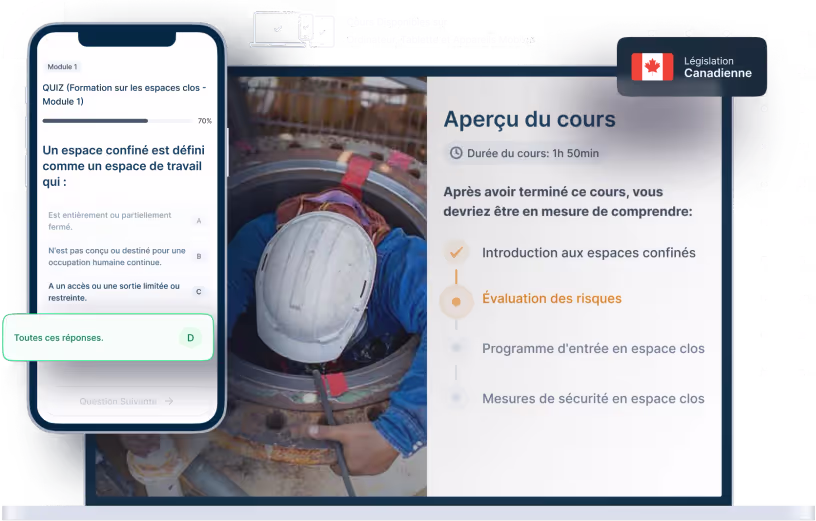 Maquettes d’ordinateurs portables et de téléphones de la formation en ligne Espace confiné, des icônes pour la disponibilité des appareils et un insigne de la législation canadienne