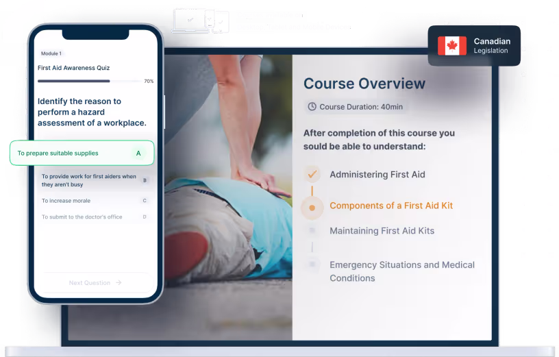 Laptop and phone mockups of First Aid Awareness Online Training, icons for device availability, and Canadian legislation badge