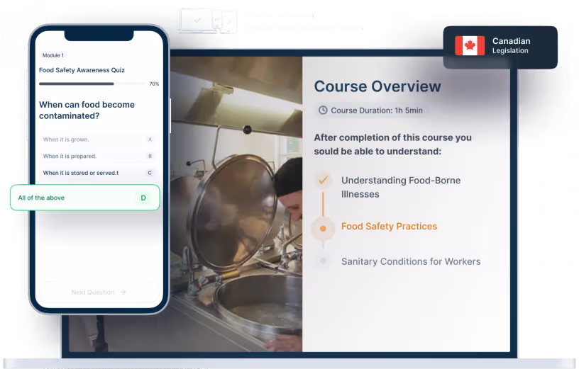 Laptop and phone mockups of Food Safety Online Training, icons for device availability, and Canadian legislation badge