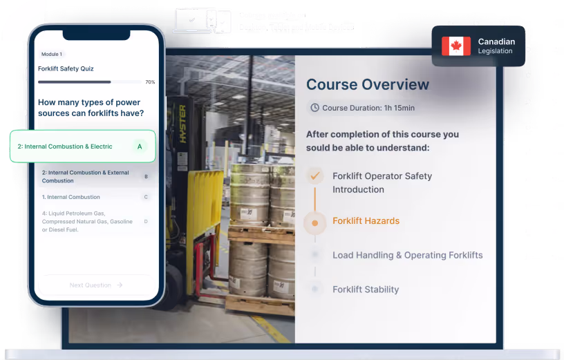 Laptop and phone mockups of Forklift Safety Online Training, icons for device availability, and Canadian legislation badge