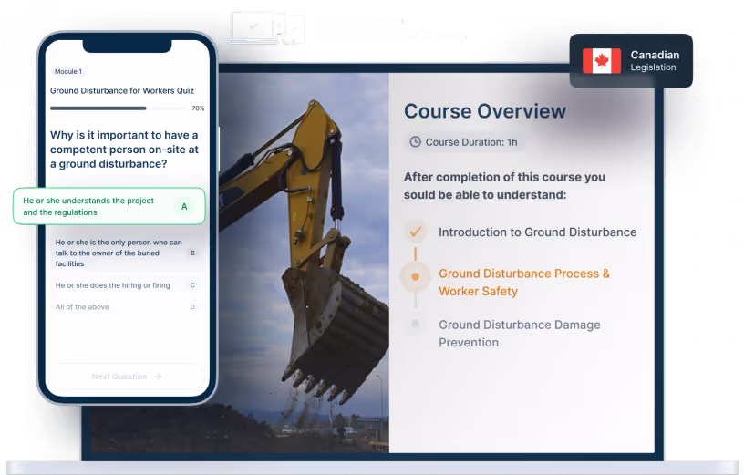 Laptop and phone mockups of Ground Disturbance Online Training, icons for device availability, and Canadian legislation badge
