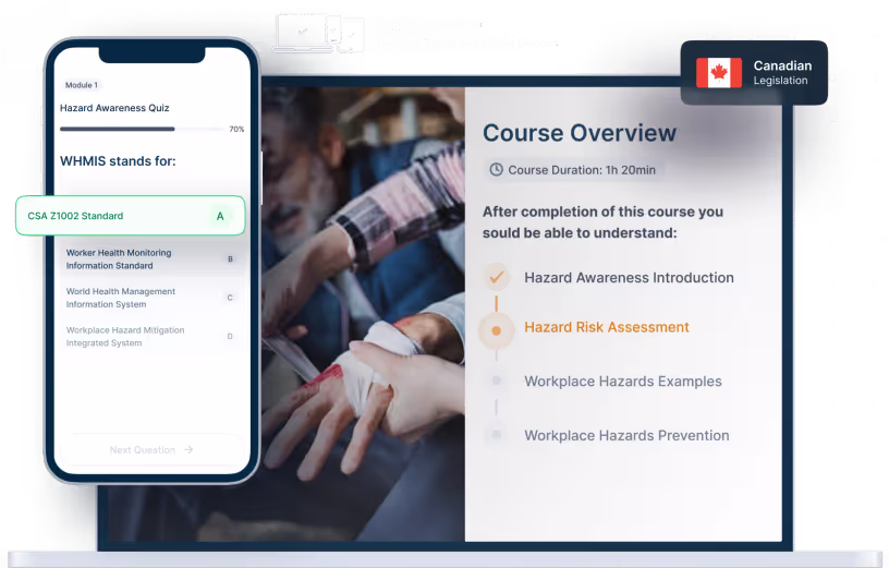 Laptop and phone mockups of Hazard Awareness Online Training, icons for device availability, and Canadian legislation badge