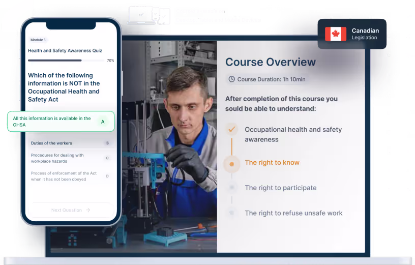 Laptop and phone mockups of Health & Safety Awareness Online Training, icons for device availability, and Canadian legislation badge