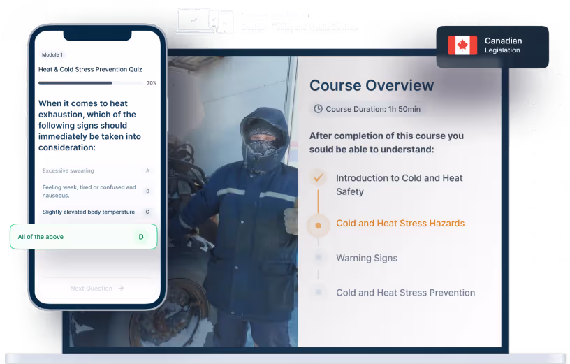 Laptop and phone mockups of Heat & Cold Stress Prevention Online Training, icons for device availability, and Canadian legislation badge