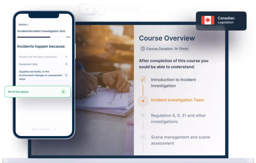 Laptop and phone mockups of Incident/Accident Investigation Online Training, icons for device availability, and Canadian legislation badge