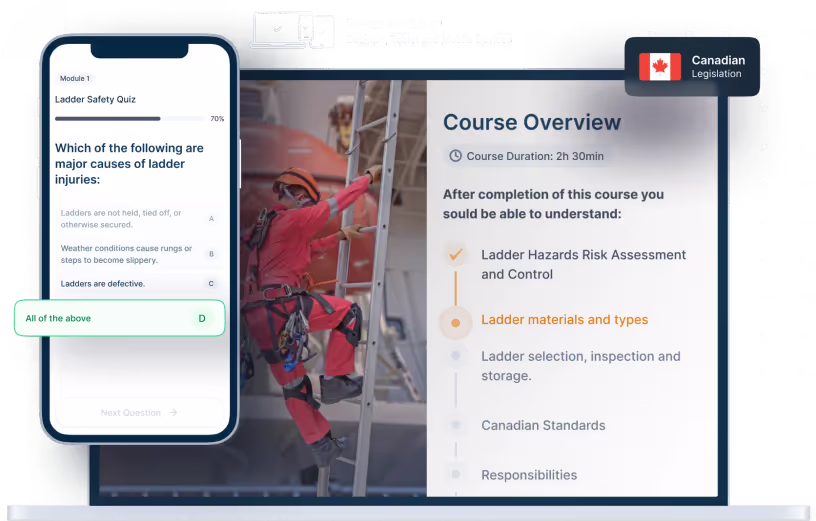 Laptop and phone mockups of Ladder Safety Online Training, icons for device availability, and Canadian legislation badge