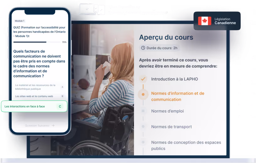 Maquettes d’ordinateurs portables et de téléphones de la formation en ligne LAPHO, des icônes pour la disponibilité des appareils et un insigne de la législation canadienne