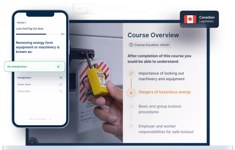 Laptop and phone mockups of Lockout Tagout Online Training, icons for device availability, and Canadian legislation badge