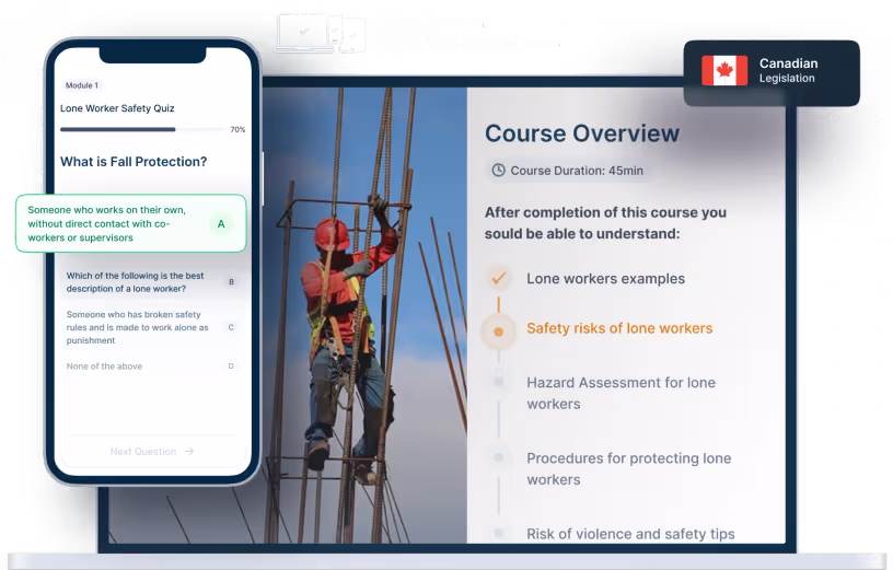 Laptop and phone mockups of Lone Worker Safety Online Training, icons for device availability, and Canadian legislation badge