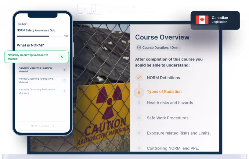 Laptop and phone mockups of NORM Safety Awareness Online Training, icons for device availability, and Canadian legislation badge