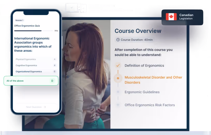 Laptop and phone mockups of Office Ergonomics Online Training, icons for device availability, and Canadian legislation badge