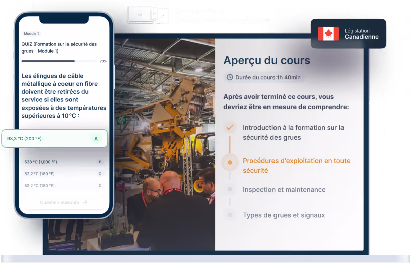 Maquettes d’ordinateurs portables et de téléphones de la formation en ligne Opérateur de grue, des icônes pour la disponibilité des appareils et un insigne de la législation canadienne