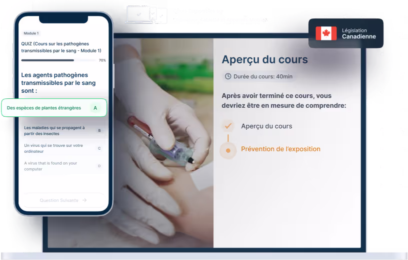 Maquettes d’ordinateurs portables et de téléphones de la formation en ligne Pathogènes à diffusion hématogène, des icônes pour la disponibilité des appareils et un insigne de la législation canadienne