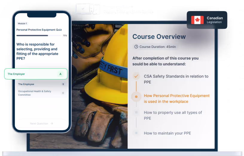Laptop and phone mockups of PPE Online Training, icons for device availability, and Canadian legislation badge