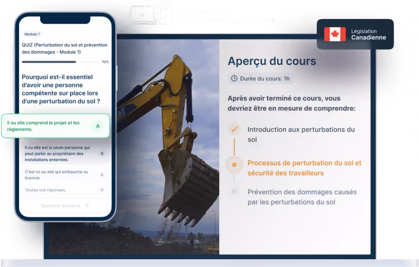 Maquettes d’ordinateurs portables et de téléphones de la formation en ligne Perturbation du sol, des icônes pour la disponibilité des appareils et un insigne de la législation canadienne
