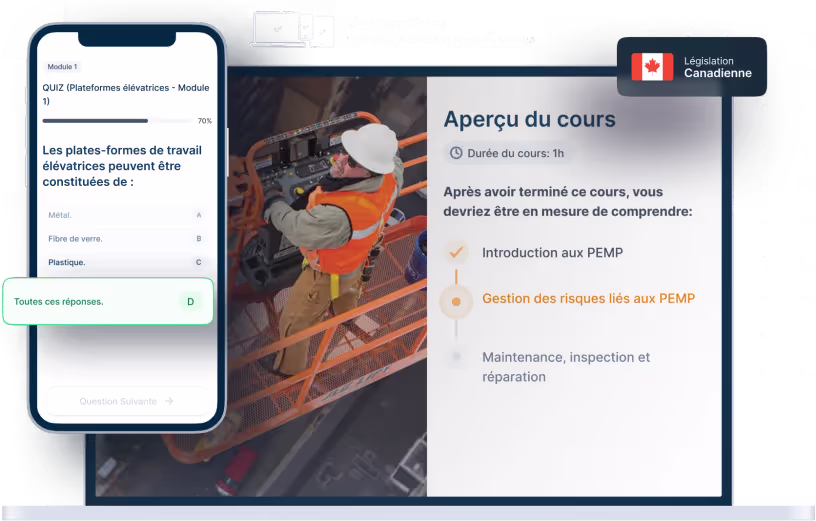 Maquettes d’ordinateurs portables et de téléphones de la formation en ligne Plate-forme de travail élévatrice, des icônes pour la disponibilité des appareils et un insigne de la législation canadienne