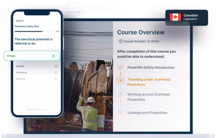 Laptop and phone mockups of Powerline Safety Online Training, icons for device availability, and Canadian legislation badge