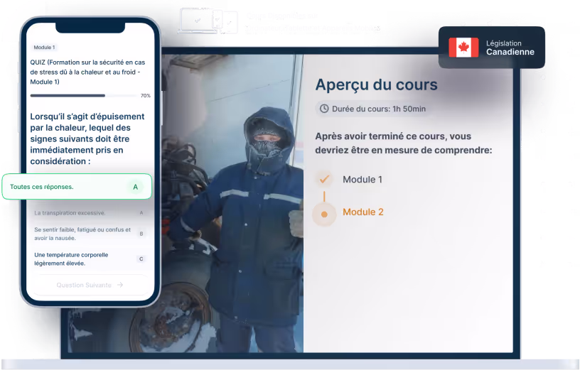 Maquettes d’ordinateurs portables et de téléphones de la formation en ligne Prévention du stress dû à la chaleur et au froid, des icônes pour la disponibilité des appareils et un insigne de la législation canadienne