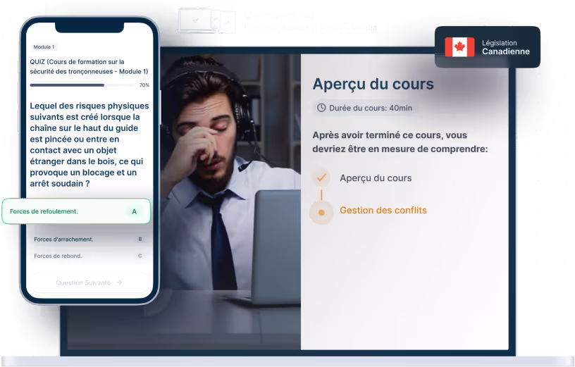 Maquettes d’ordinateurs portables et de téléphones de la formation en ligne Résolution de conflits, des icônes pour la disponibilité des appareils et un insigne de la législation canadienne