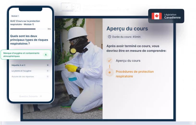 Maquettes d’ordinateurs portables et de téléphones de la formation en ligne Respirateurs, des icônes pour la disponibilité des appareils et un insigne de la législation canadienne