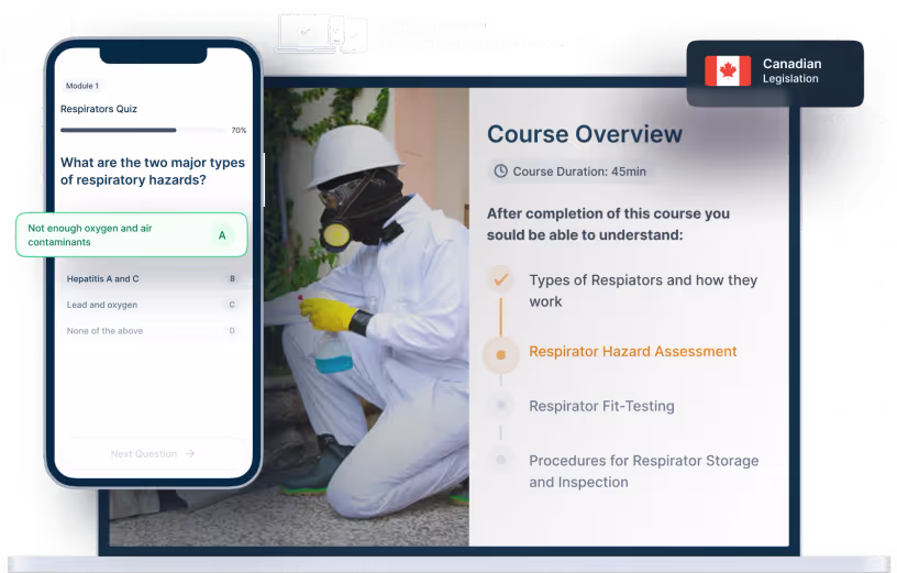 Laptop and phone mockups of Respirators Online Training, icons for device availability, and Canadian legislation badge