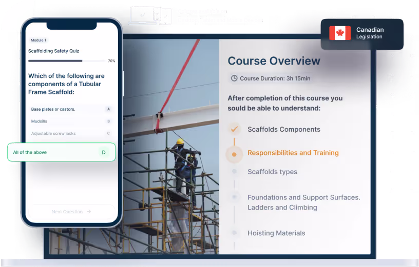 Laptop and phone mockups of Scaffolding Safety Online Training, icons for device availability, and Canadian legislation badge