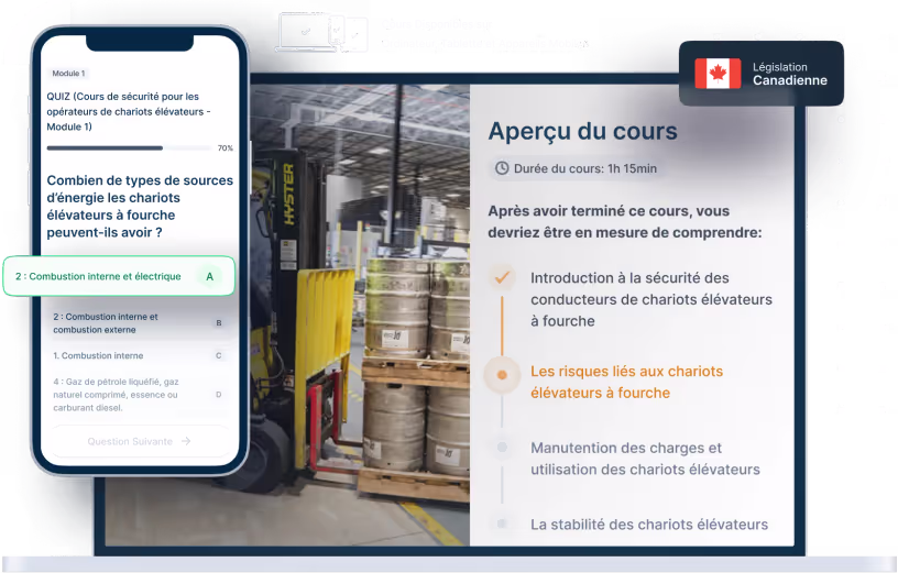 Maquettes d’ordinateurs portables et de téléphones de la formation en ligne Sécurité des chariots élévateurs à fourche, des icônes pour la disponibilité des appareils et un insigne de la législation canadienne