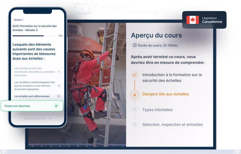Maquettes d’ordinateurs portables et de téléphones de la formation en ligne Sécurité des échelles, des icônes pour la disponibilité des appareils et un insigne de la législation canadienne