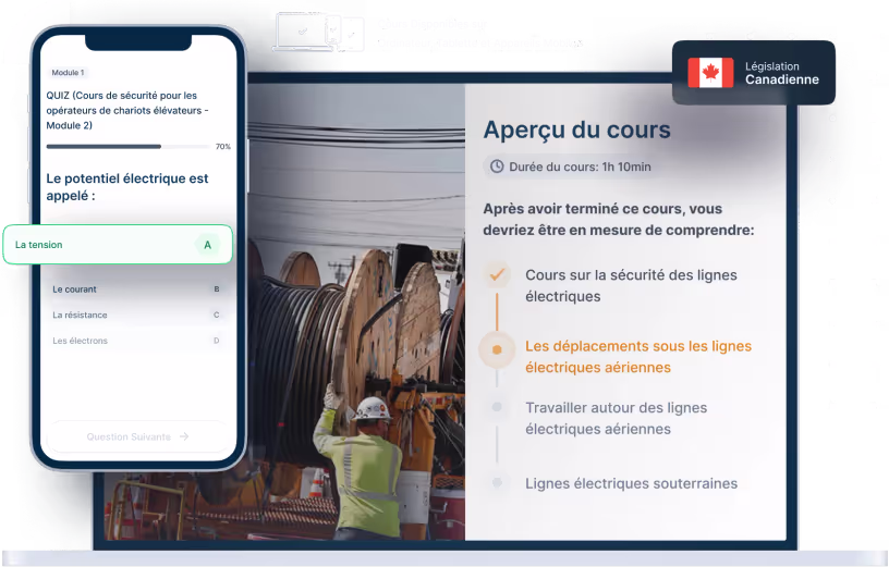Maquettes d’ordinateurs portables et de téléphones de la formation en ligne Sécurité des lignes électriques, des icônes pour la disponibilité des appareils et un insigne de la législation canadienne