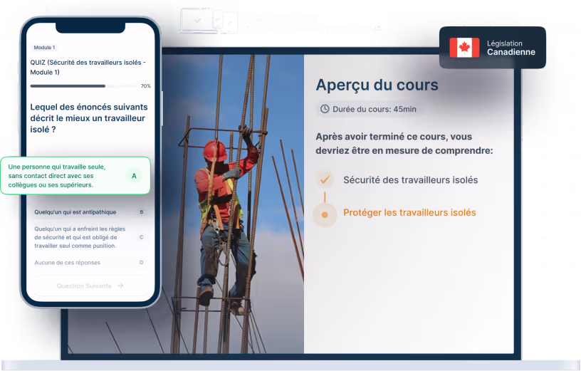 Maquettes d’ordinateurs portables et de téléphones de la formation en ligne Sécurité des travailleurs isolés, des icônes pour la disponibilité des appareils et un insigne de la législation canadienne