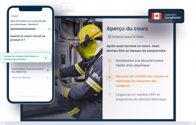 Maquettes d’ordinateurs portables et de téléphones de la formation en ligne Sécurité en cas d'éclair d'arc électrique, des icônes pour la disponibilité des appareils et un insigne de la législation canadienne