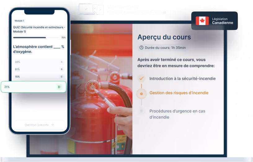 Maquettes d’ordinateurs portables et de téléphones de la formation en ligne Sécurité incendie et extincteurs, des icônes pour la disponibilité des appareils et un insigne de la législation canadienne