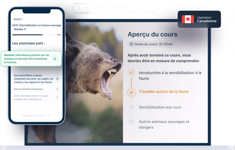 Maquettes d’ordinateurs portables et de téléphones de la formation en ligne Sensibilisation à la faune et aux ours, des icônes pour la disponibilité des appareils et un insigne de la législation canadienne