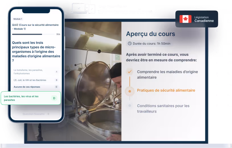 Maquettes d’ordinateurs portables et de téléphones de la formation en ligne Sensibilisation à la salubrité alimentaire, des icônes pour la disponibilité des appareils et un insigne de la législation canadienne
