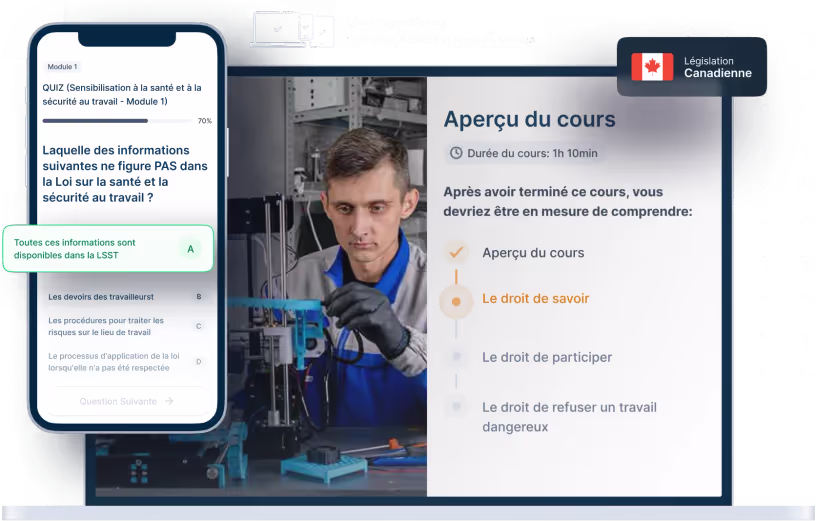 Maquettes d’ordinateurs portables et de téléphones de la formation en ligne Sensibilisation à la santé et à la sécurité, des icônes pour la disponibilité des appareils et un insigne de la législation canadienne