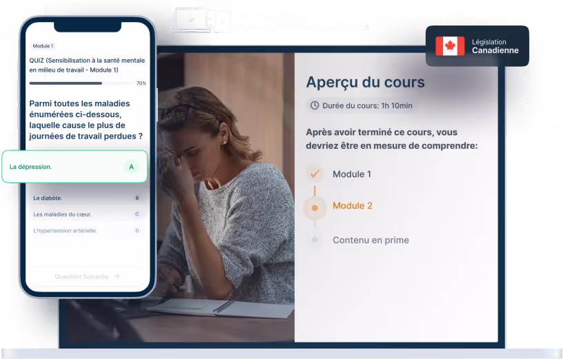 Maquettes d’ordinateurs portables et de téléphones de la formation en ligne Sensibilisation à la santé mentale en milieu de travail, des icônes pour la disponibilité des appareils et un insigne de la législation canadienne