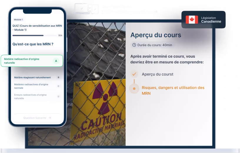 Maquettes d’ordinateurs portables et de téléphones de la formation en ligne Sensibilisation à la sécurité des MRN, des icônes pour la disponibilité des appareils et un insigne de la législation canadienne