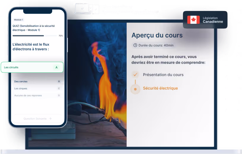 Maquettes d’ordinateurs portables et de téléphones de la formation en ligne Sensibilisation à la sécurité électrique, des icônes pour la disponibilité des appareils et un insigne de la législation canadienne
