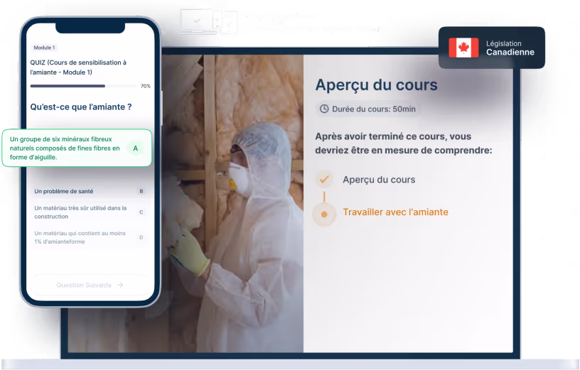 Maquettes d’ordinateurs portables et de téléphones de la formation en ligne Sensibilisation à l'amiante, des icônes pour la disponibilité des appareils et un insigne de la législation canadienne